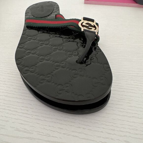 Gucci GG Black Thong Guccissima Sandals Logo Monogram Flip Flop Web Day 7.5 37.5 - Picture 9 of 10